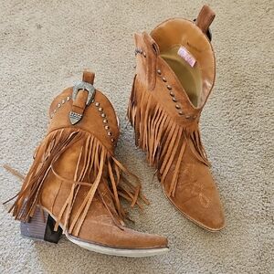 Pink Lily Fringe Western Ankle Boots - Brown Suede